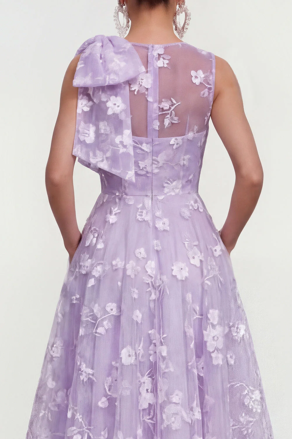 Pink Floral A-Line Bowed Round Neck Midi Dress with Pockets - Image 12