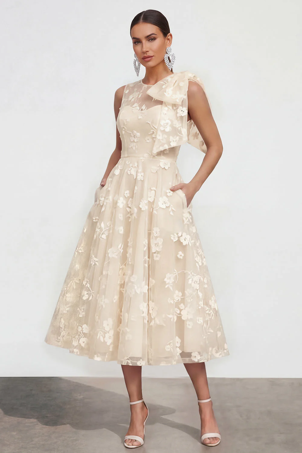 Pink Floral A-Line Bowed Round Neck Midi Dress with Pockets - Image 13