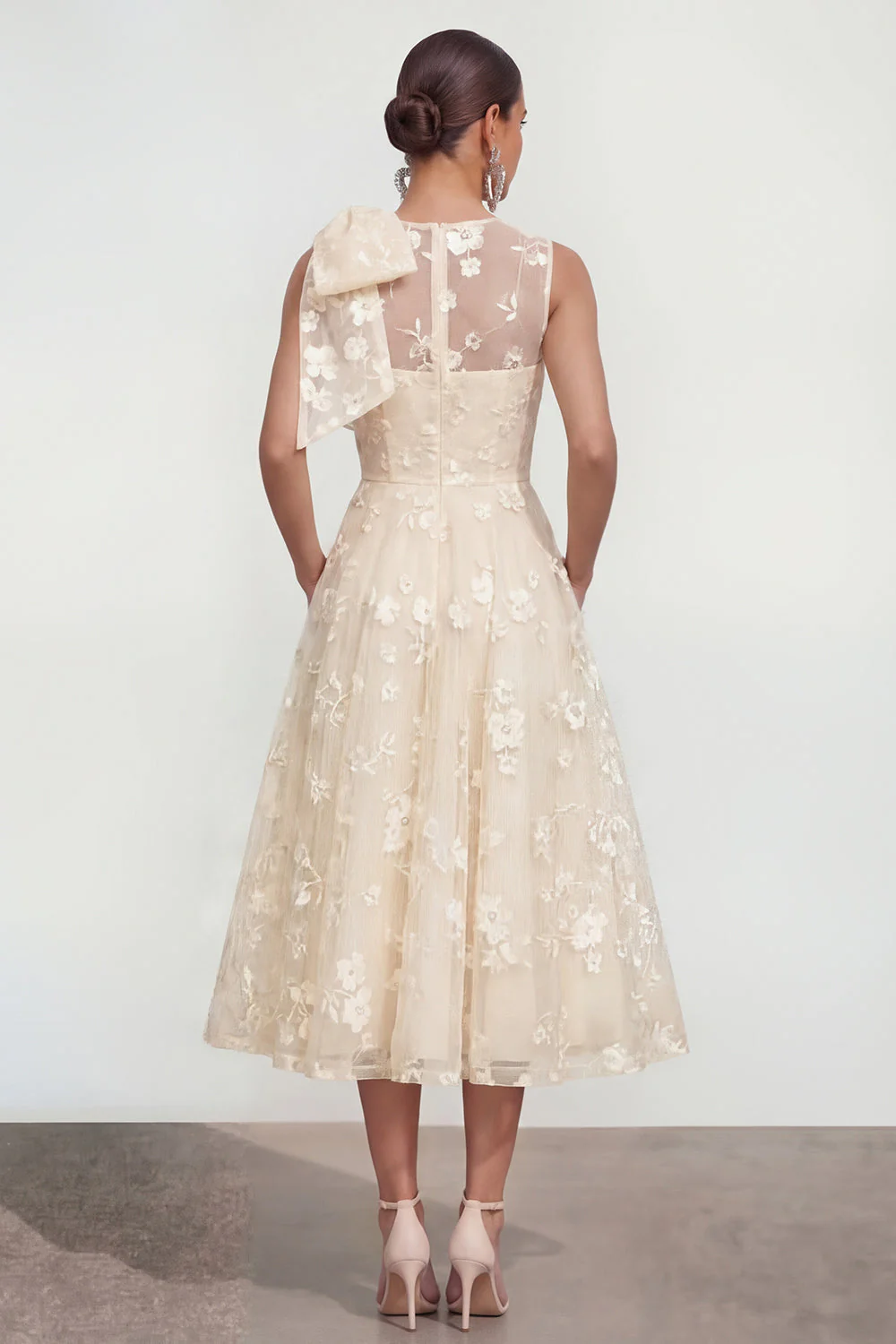 Pink Floral A-Line Bowed Round Neck Midi Dress with Pockets - Image 14