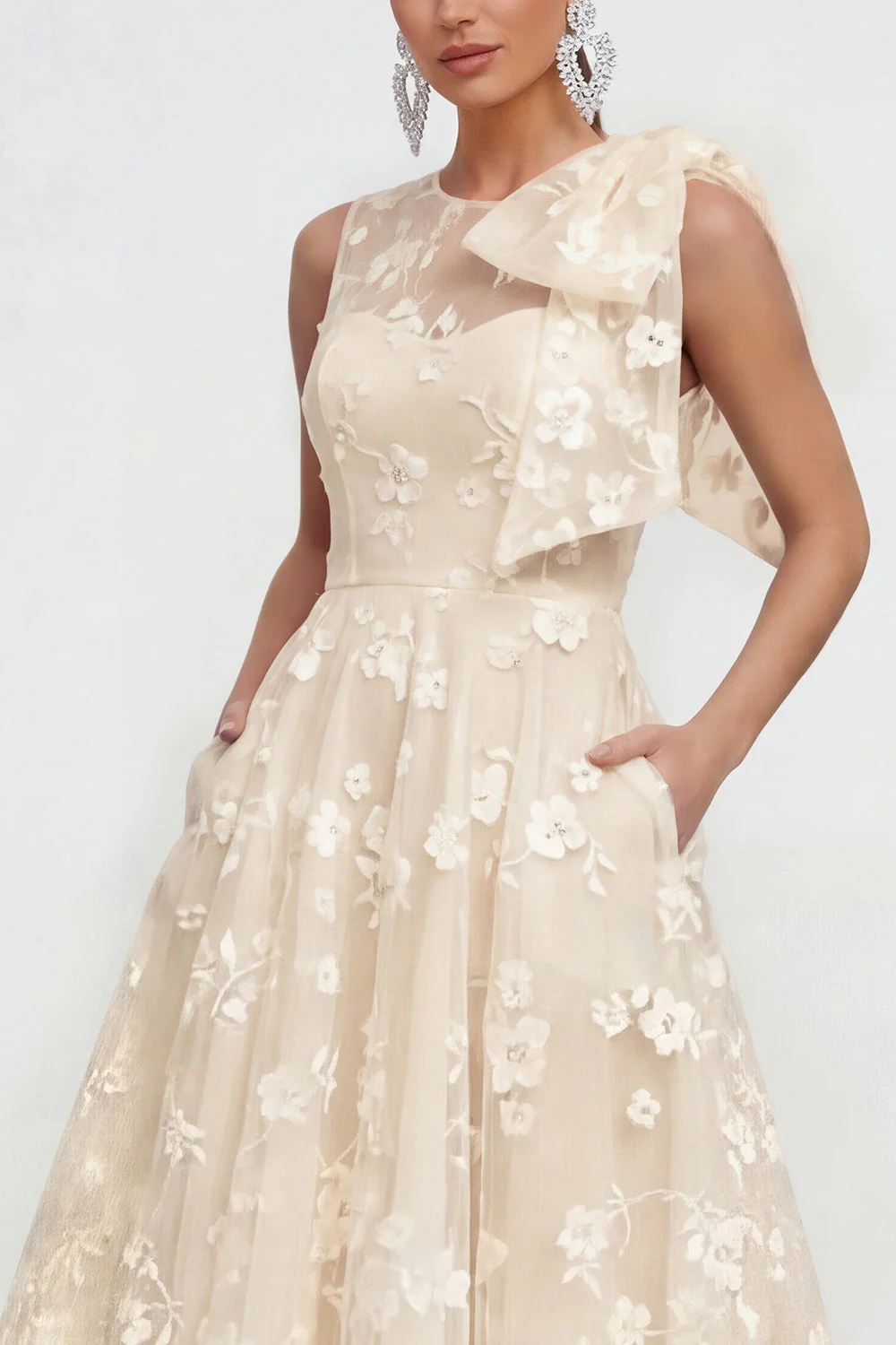Pink Floral A-Line Bowed Round Neck Midi Dress with Pockets - Image 15