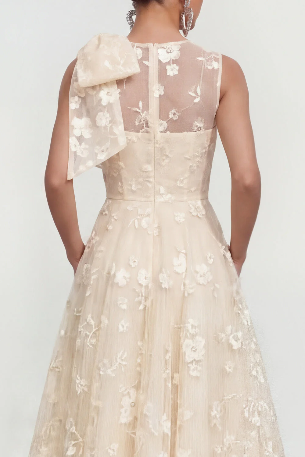Pink Floral A-Line Bowed Round Neck Midi Dress with Pockets - Image 16