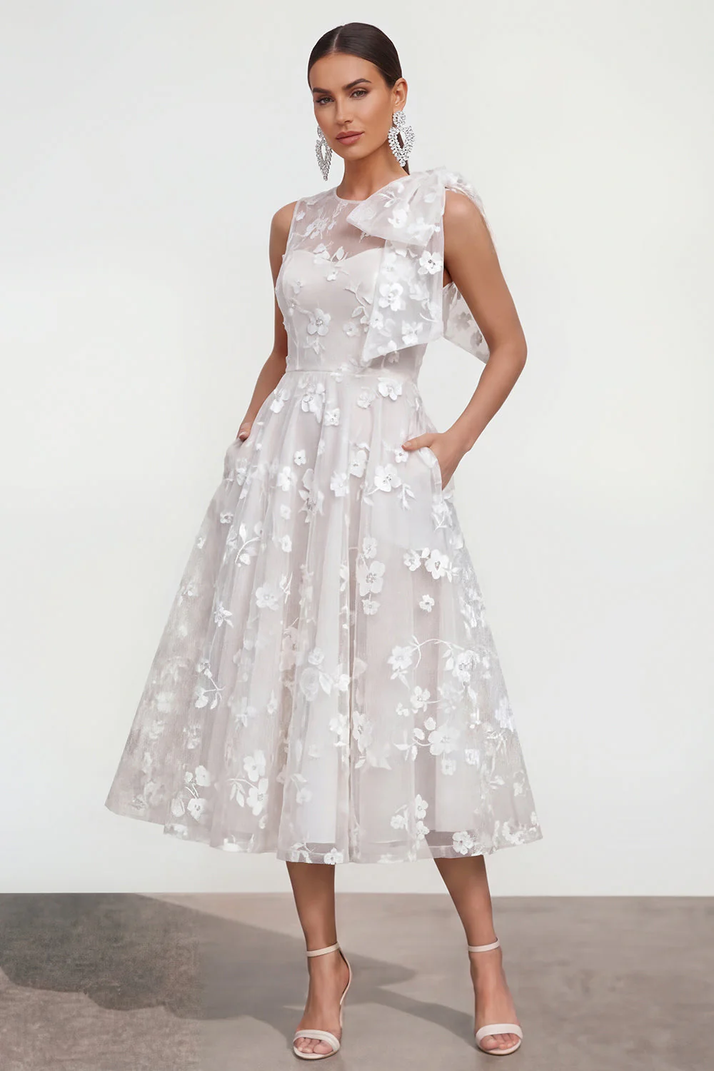 Pink Floral A-Line Bowed Round Neck Midi Dress with Pockets - Image 17