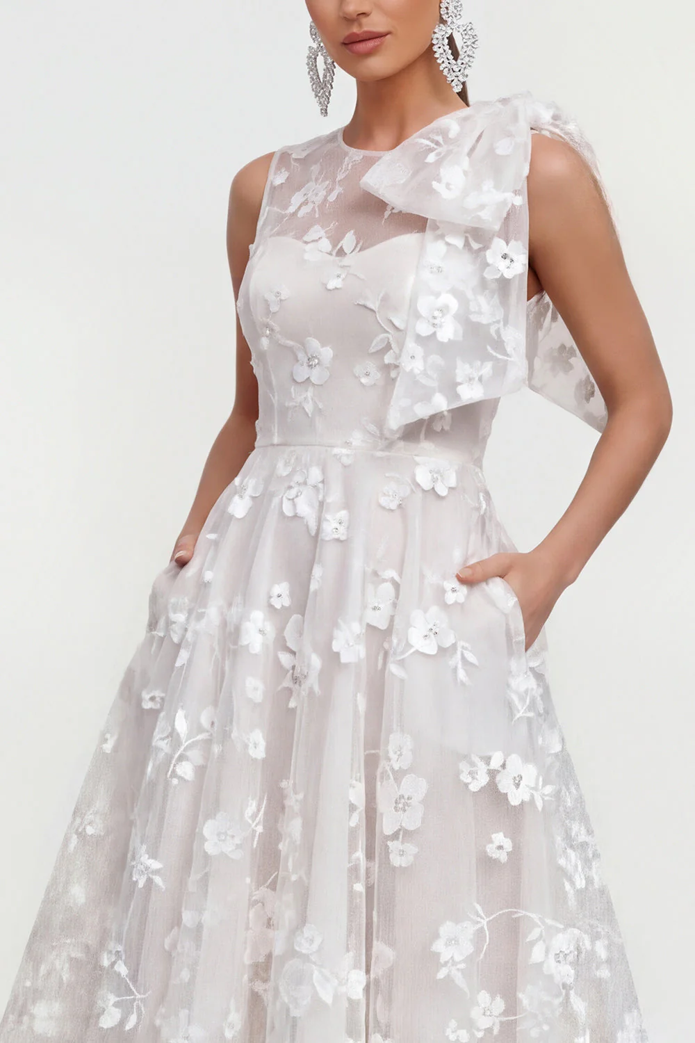 Pink Floral A-Line Bowed Round Neck Midi Dress with Pockets - Image 19