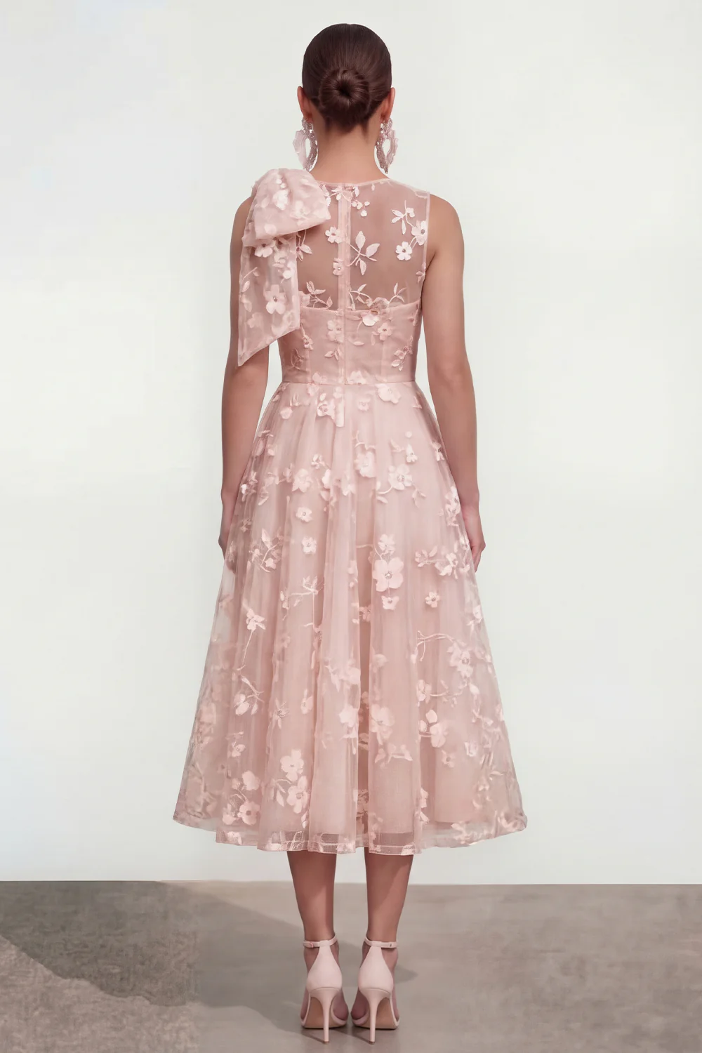 Pink Floral A-Line Bowed Round Neck Midi Dress with Pockets - Image 2