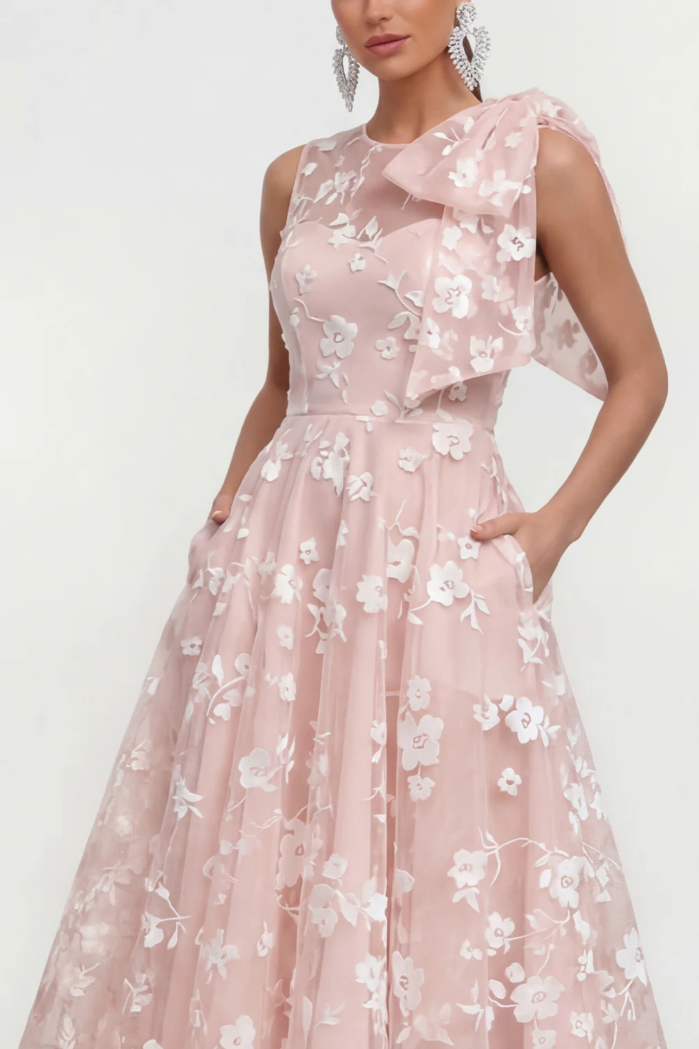 Pink Floral A-Line Bowed Round Neck Midi Dress with Pockets - Image 3