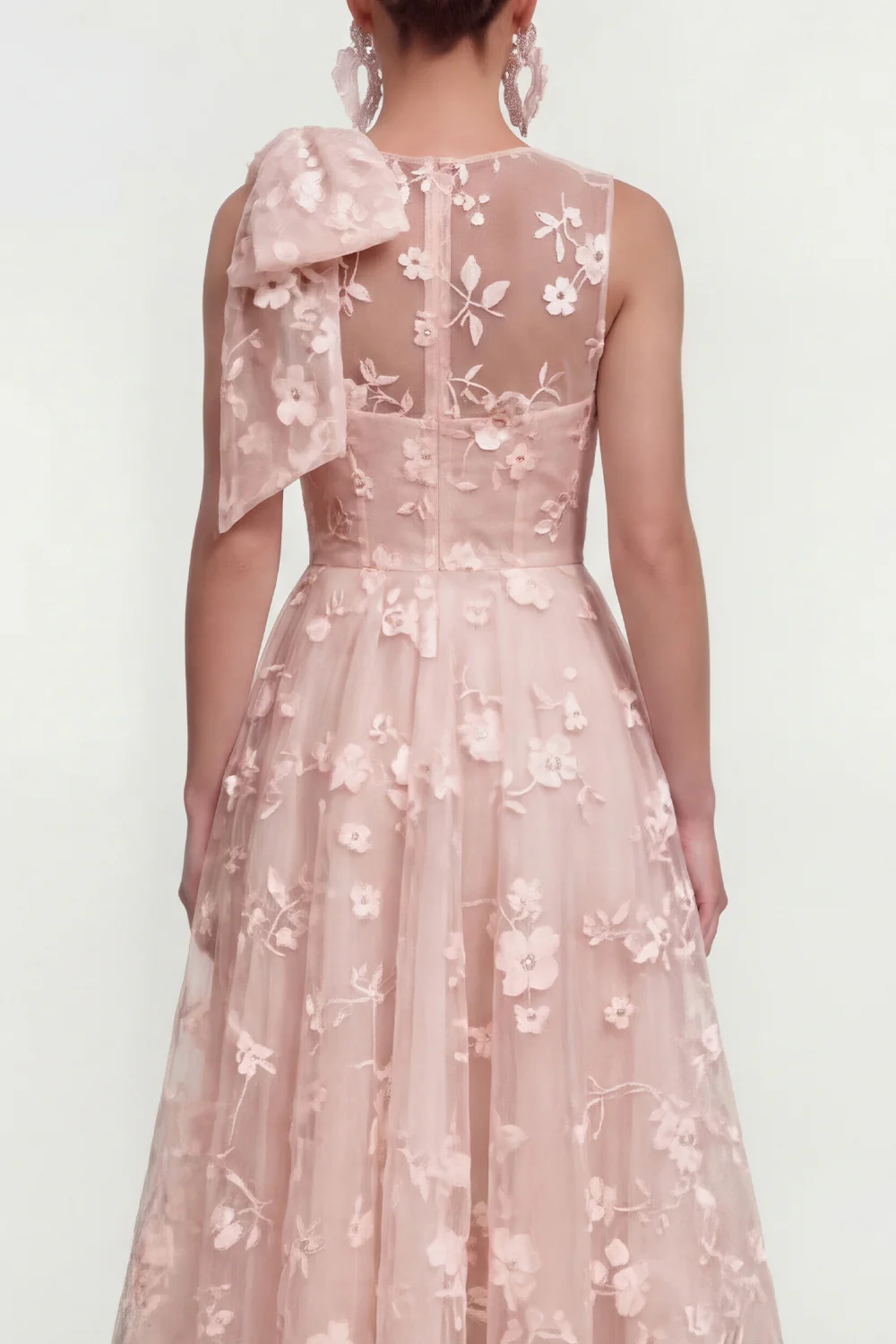 Pink Floral A-Line Bowed Round Neck Midi Dress with Pockets - Image 4