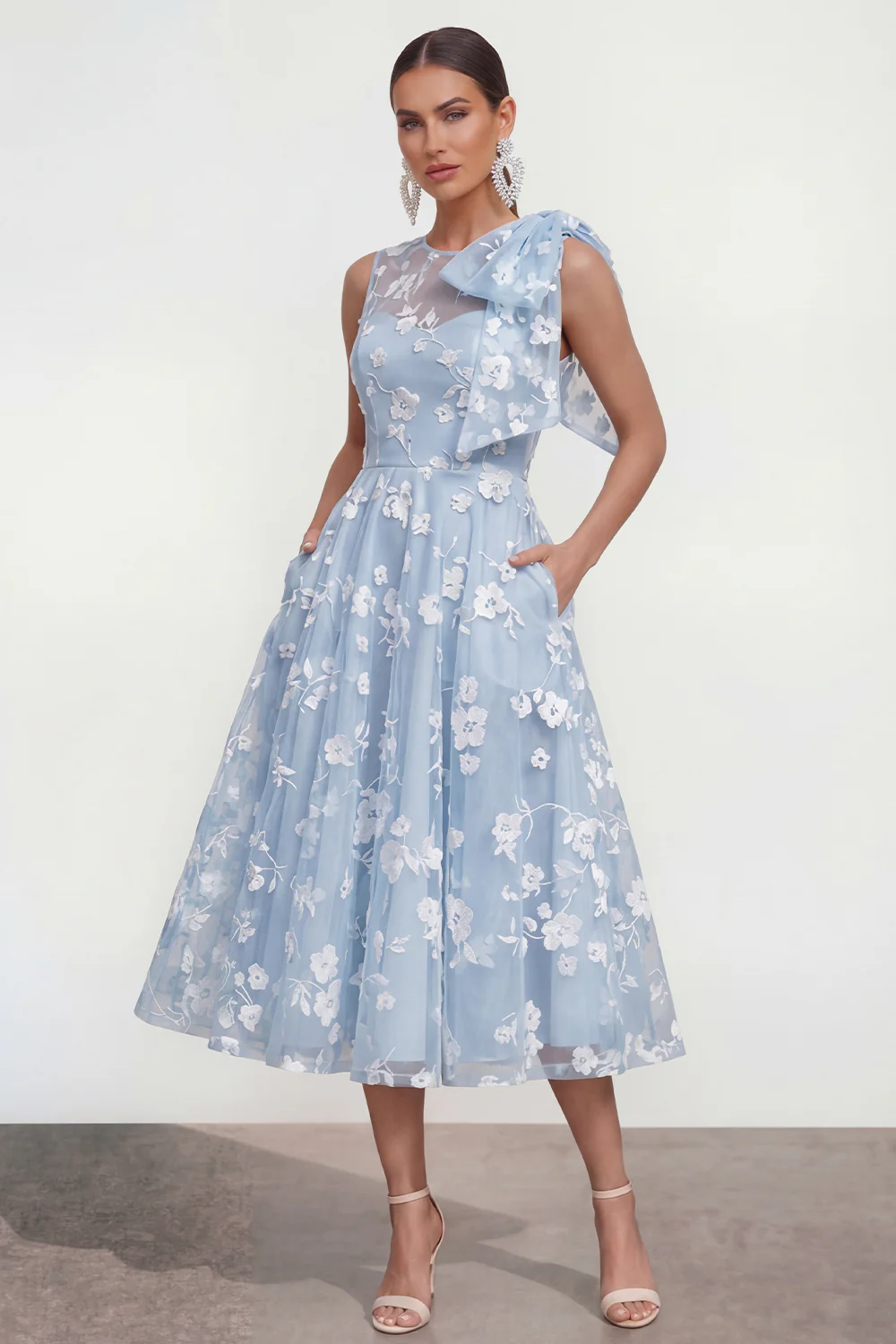 Pink Floral A-Line Bowed Round Neck Midi Dress with Pockets - Image 5