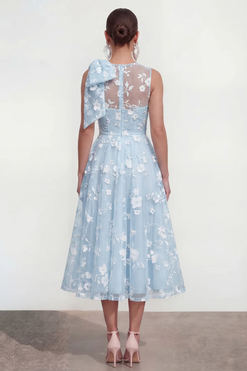 Pink Floral A-Line Bowed Round Neck Midi Dress with Pockets - Image 6