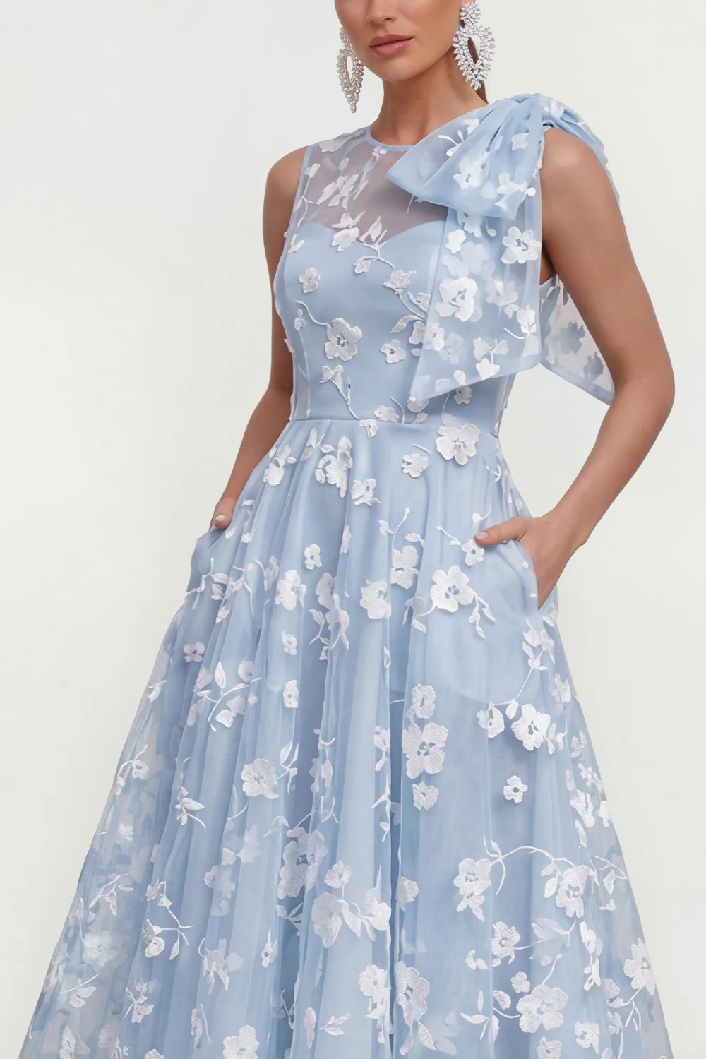 Pink Floral A-Line Bowed Round Neck Midi Dress with Pockets - Image 7
