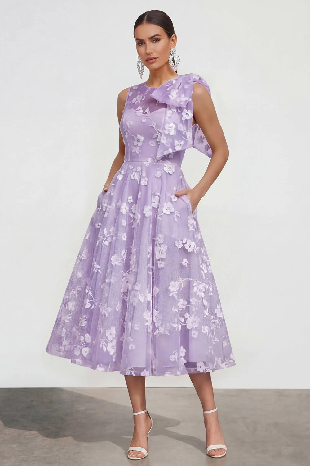 Pink Floral A-Line Bowed Round Neck Midi Dress with Pockets - Image 9