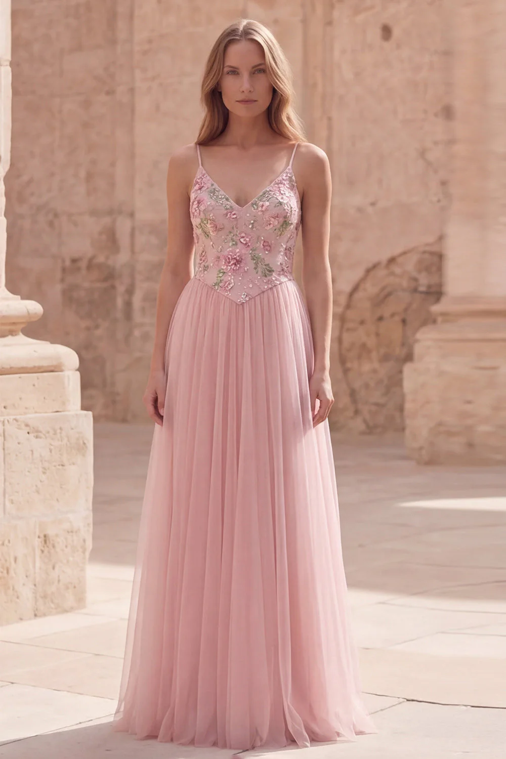 Pink Floral A Line Spaghetti Straps Long Tulle Prom Dress