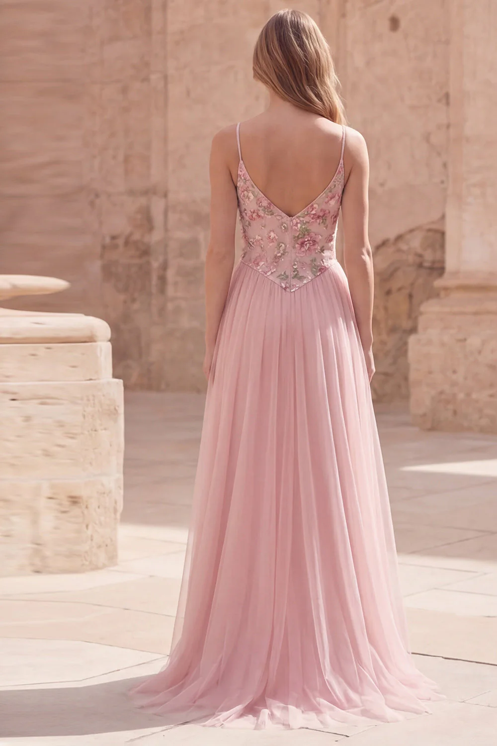 Pink Floral A Line Spaghetti Straps Long Tulle Prom Dress - Image 2