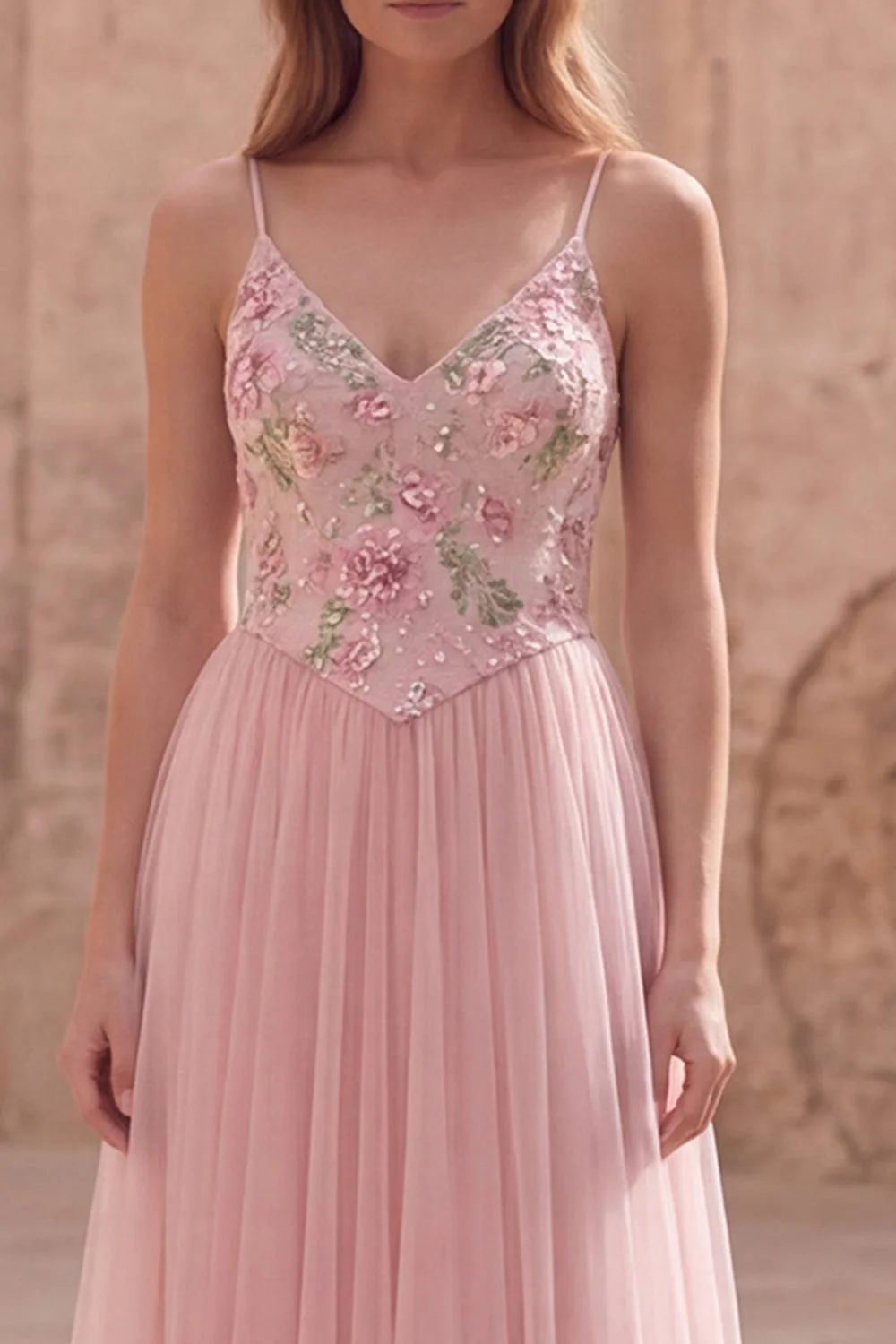 Pink Floral A Line Spaghetti Straps Long Tulle Prom Dress - Image 3
