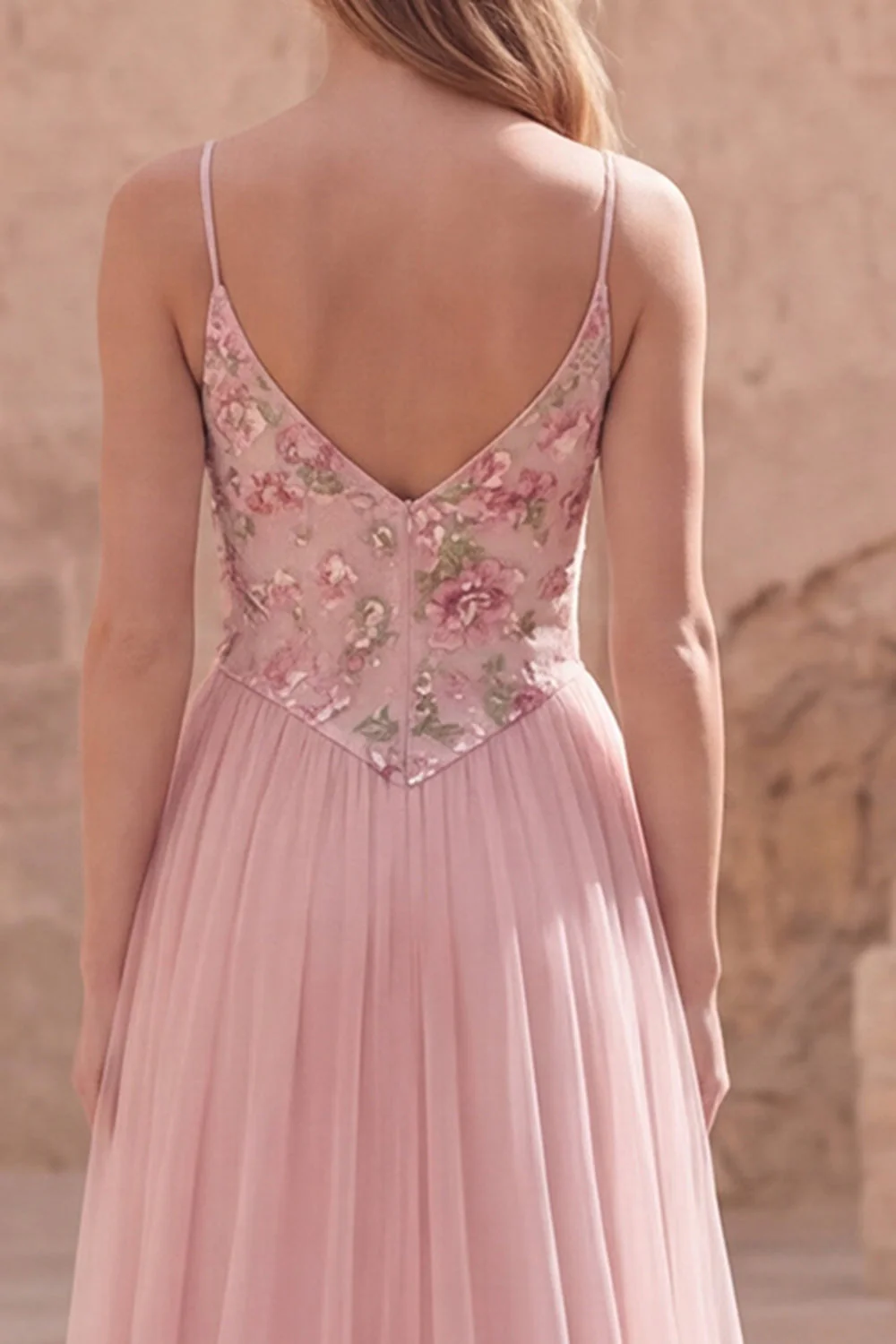Pink Floral A Line Spaghetti Straps Long Tulle Prom Dress - Image 4