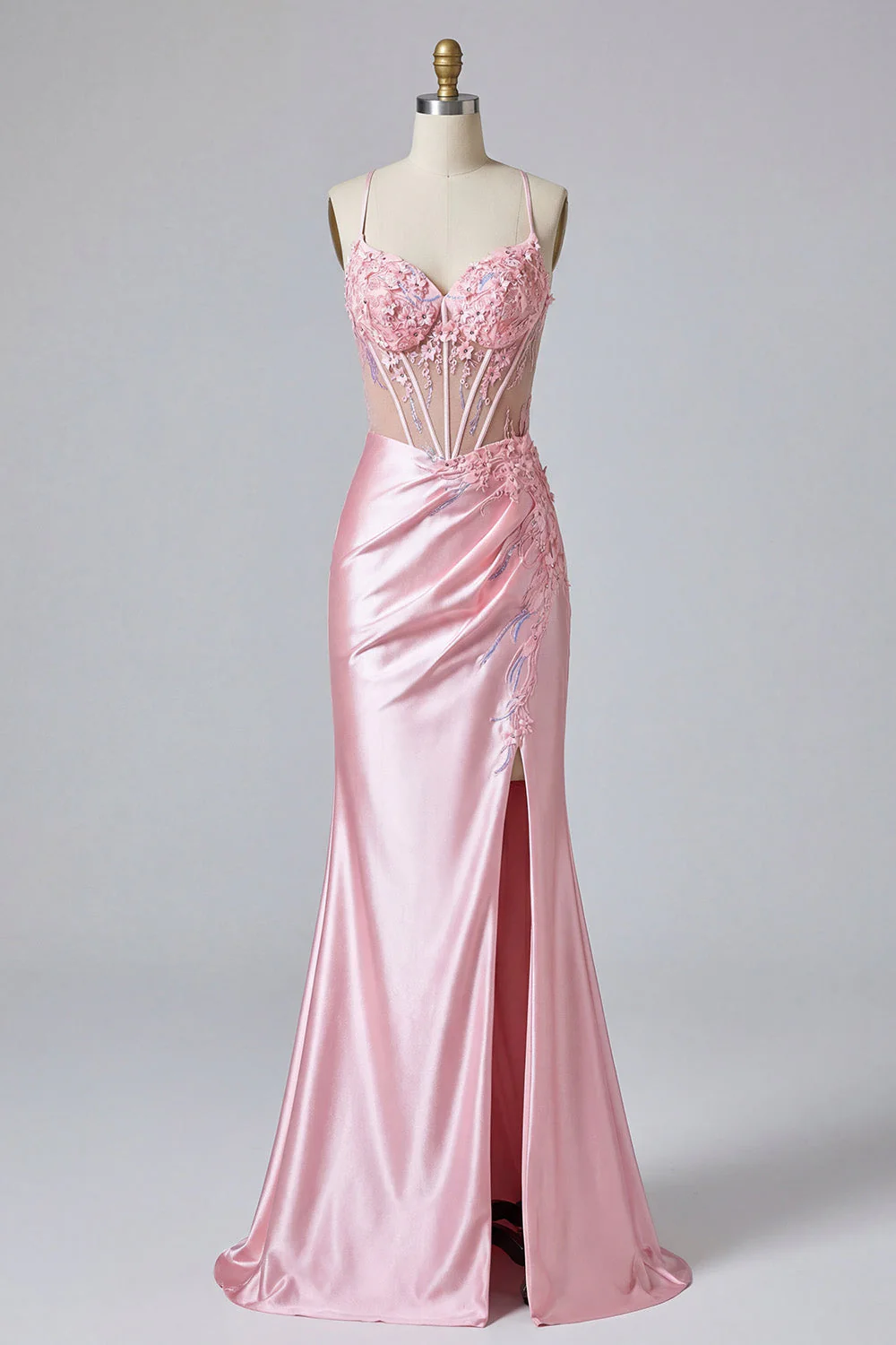 Pink 3D Flowers Mermaid Sheer Corset Prom Dress with Slit - Image 5