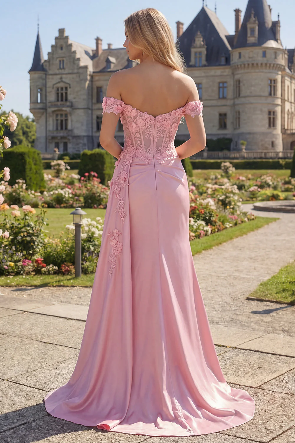 Pink Floral Ruched Mermaid Corset Long Prom Dress with Side Cape - Image 2