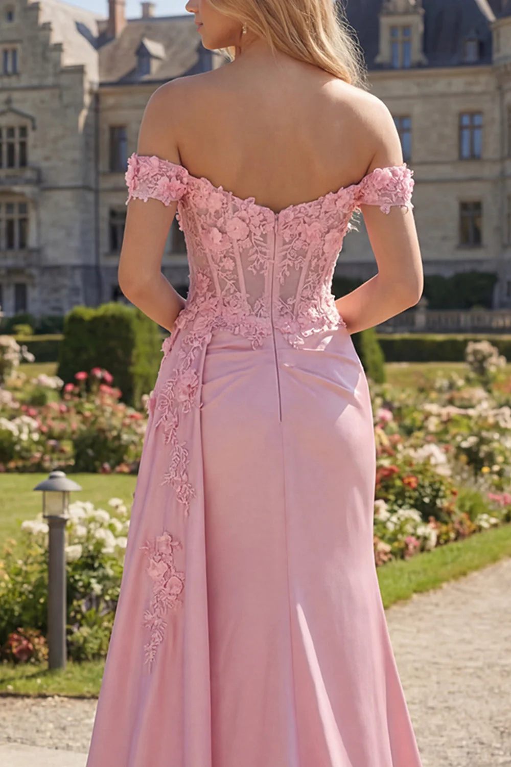 Pink Floral Ruched Mermaid Corset Long Prom Dress with Side Cape - Image 4