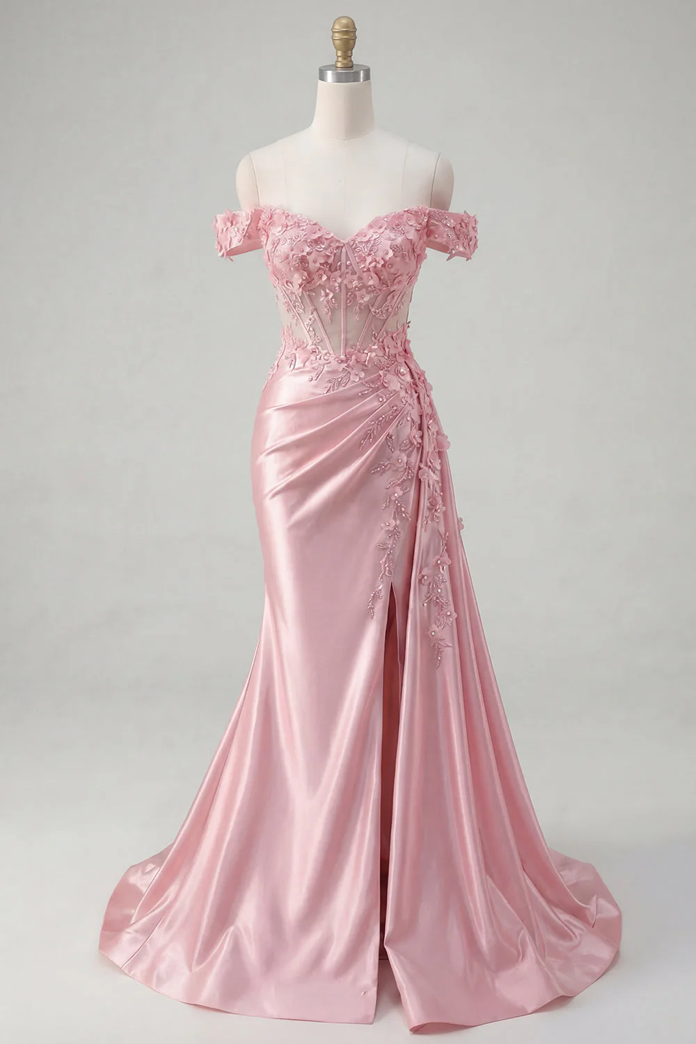 Pink Floral Ruched Mermaid Corset Long Prom Dress with Side Cape - Image 5
