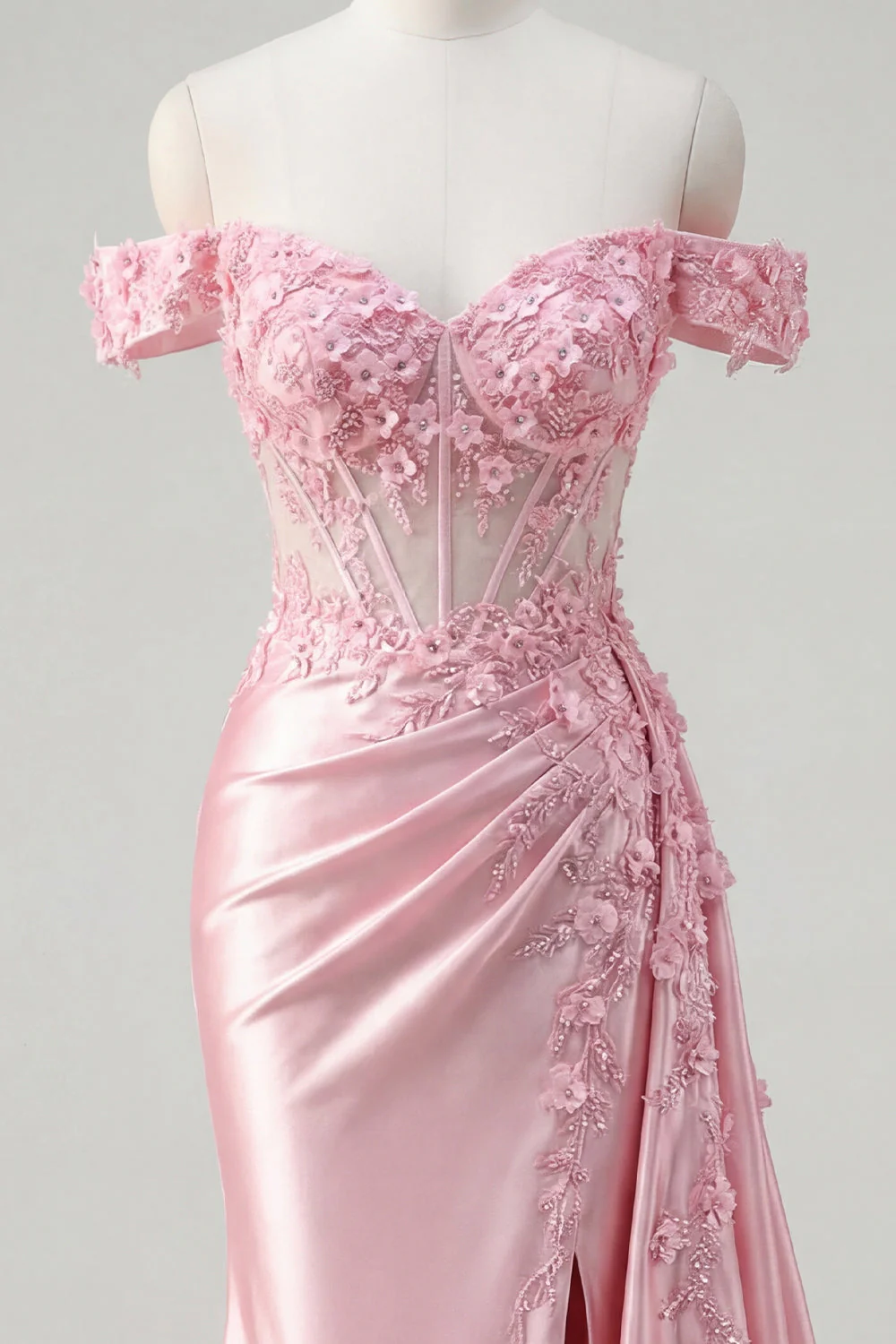 Pink Floral Ruched Mermaid Corset Long Prom Dress with Side Cape - Image 7