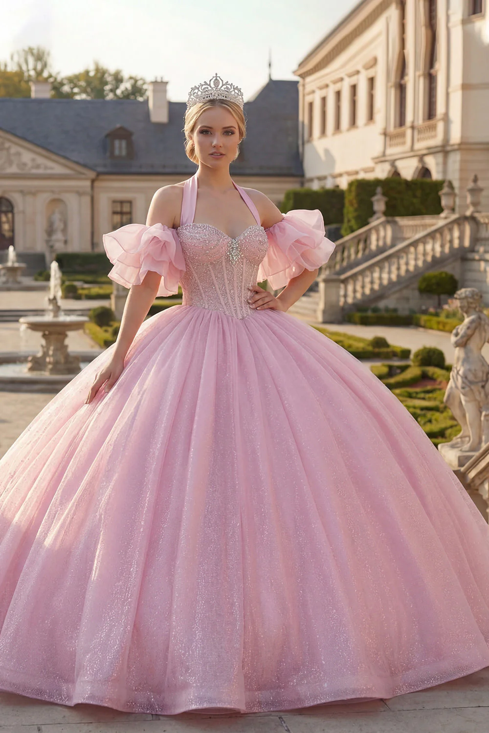 Pink Halter Neck Ball Gown Beaded Corset Quinceanera Dress with Puff Sleeves