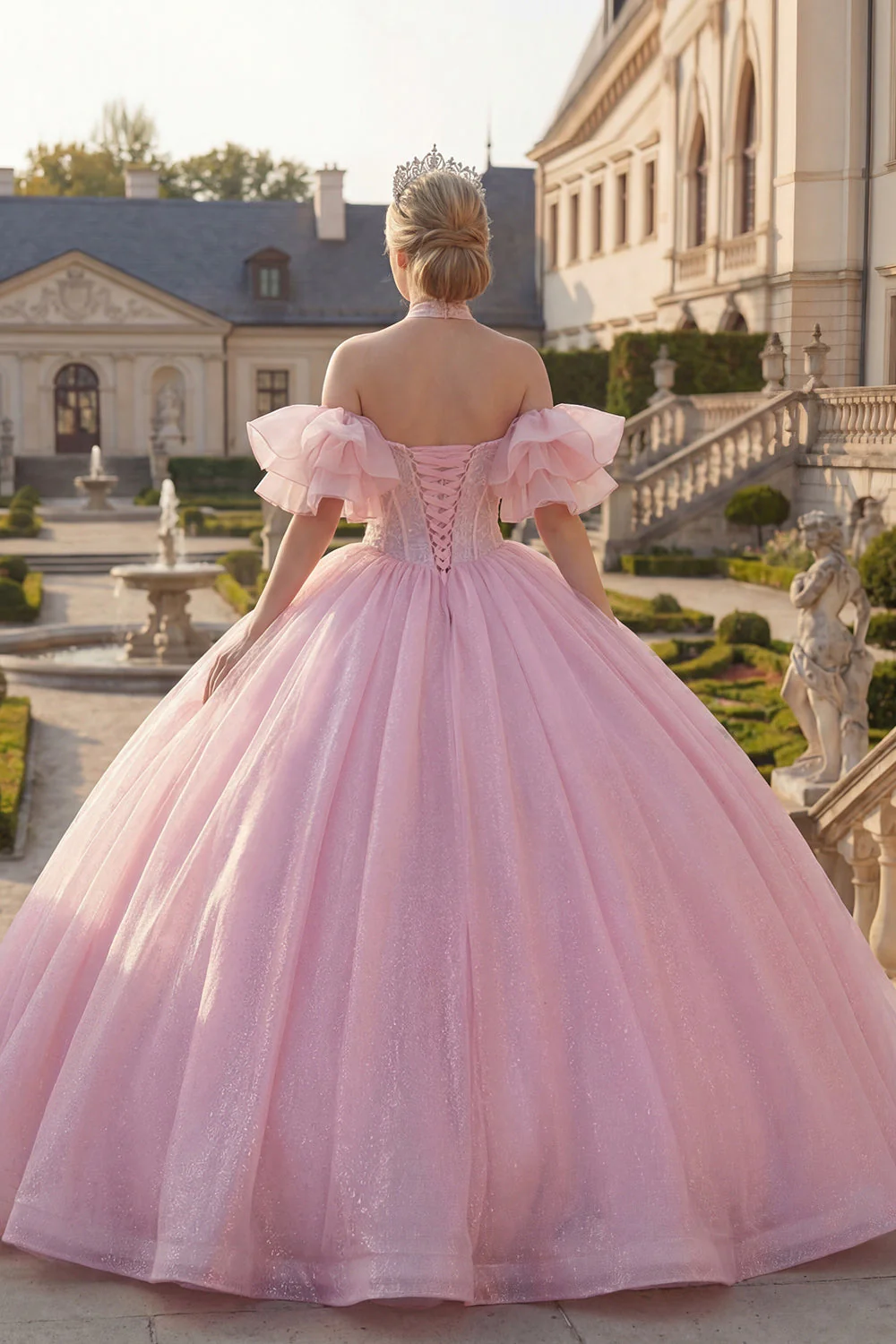 Pink Halter Neck Ball Gown Beaded Corset Quinceanera Dress with Puff Sleeves - Image 2