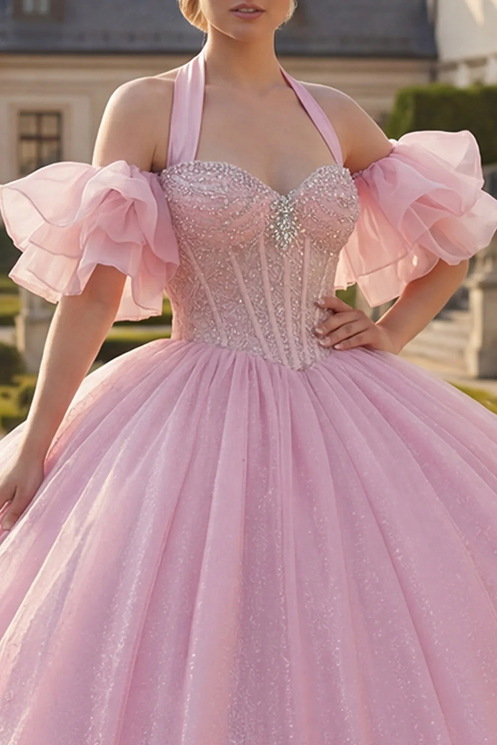Pink Halter Neck Ball Gown Beaded Corset Quinceanera Dress with Puff Sleeves - Image 3
