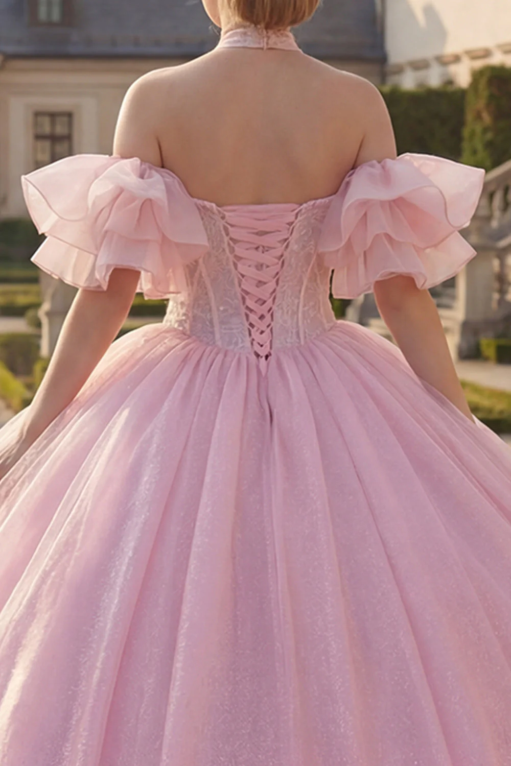 Pink Halter Neck Ball Gown Beaded Corset Quinceanera Dress with Puff Sleeves - Image 4