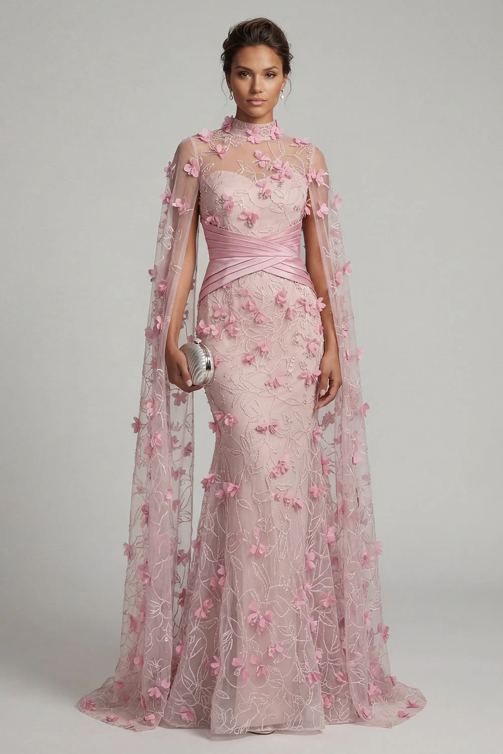 Pink Illusion Neck Mermaid 3D Flowers Mother of the Bride Dress with Cape Sleeves