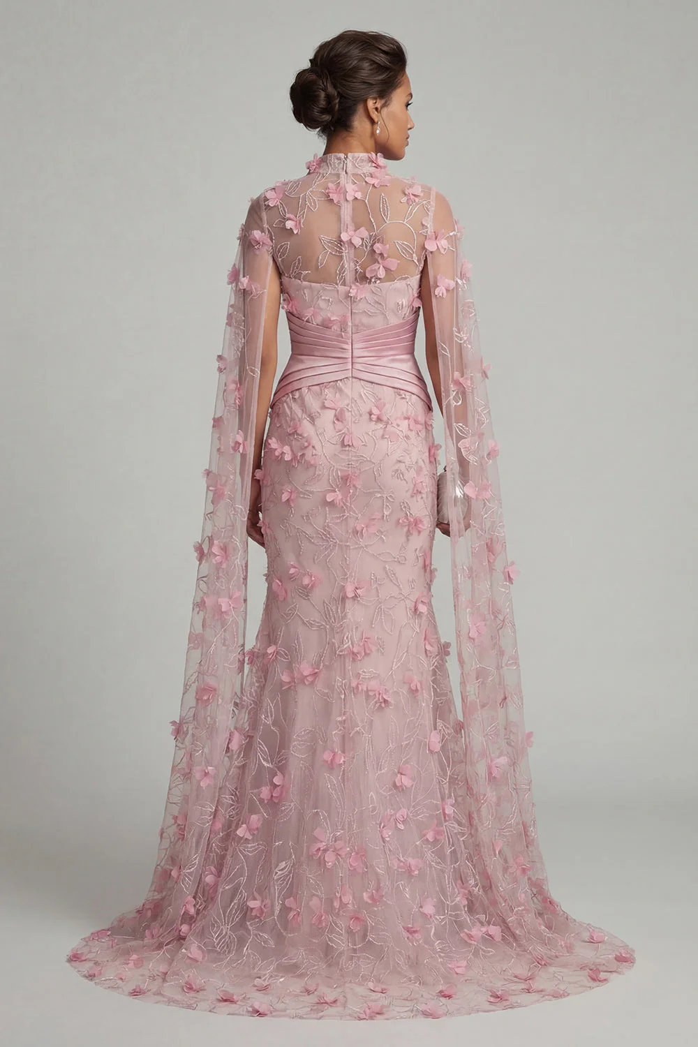 Pink Illusion Neck Mermaid 3D Flowers Mother of the Bride Dress with Cape Sleeves - Image 2