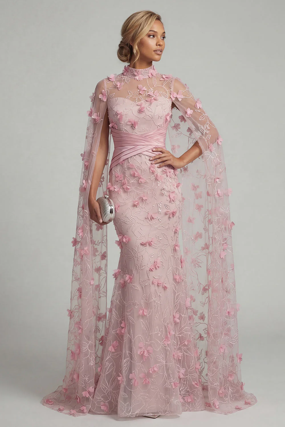 Pink Illusion Neck Mermaid 3D Flowers Mother of the Bride Dress with Cape Sleeves - Image 3
