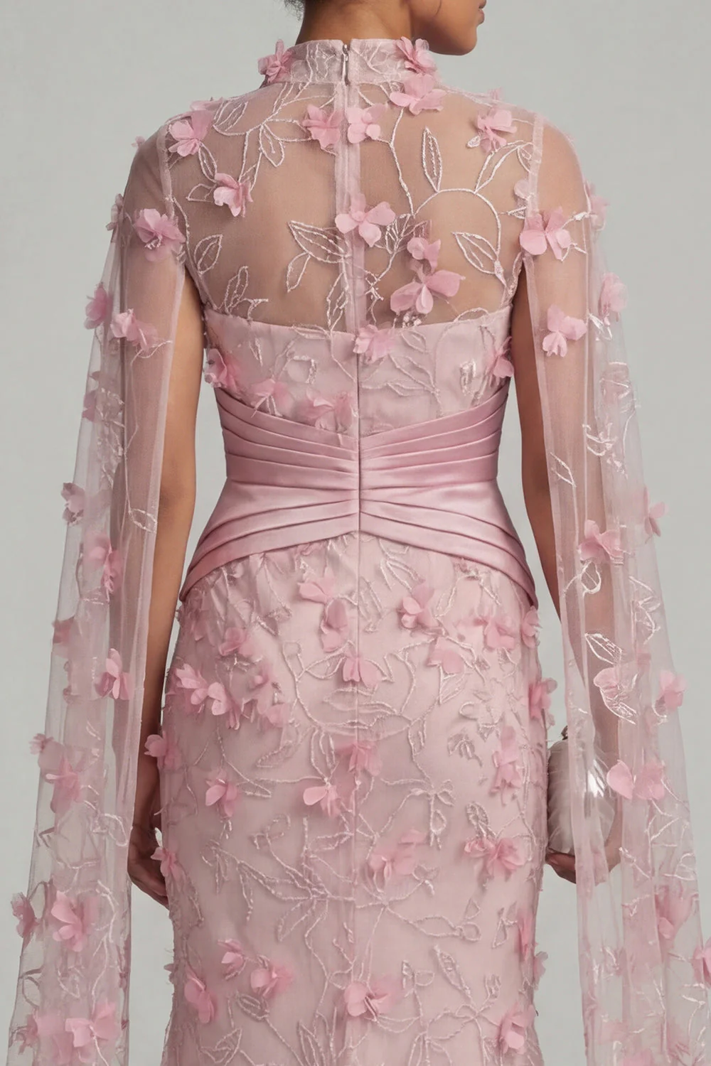 Pink Illusion Neck Mermaid 3D Flowers Mother of the Bride Dress with Cape Sleeves - Image 4