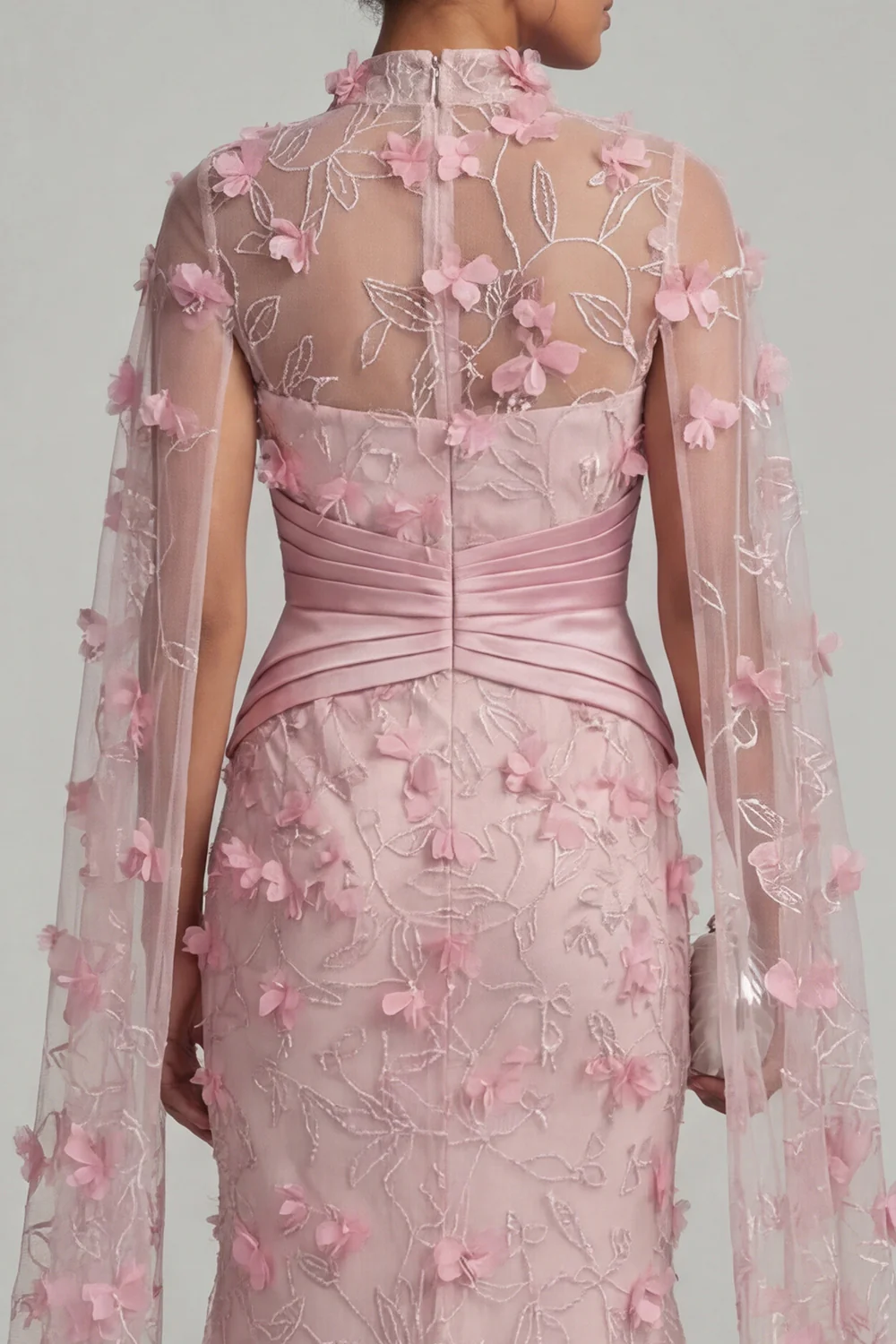 Pink Illusion Neck Mermaid 3D Flowers Mother of the Bride Dress with Cape Sleeves - Image 5
