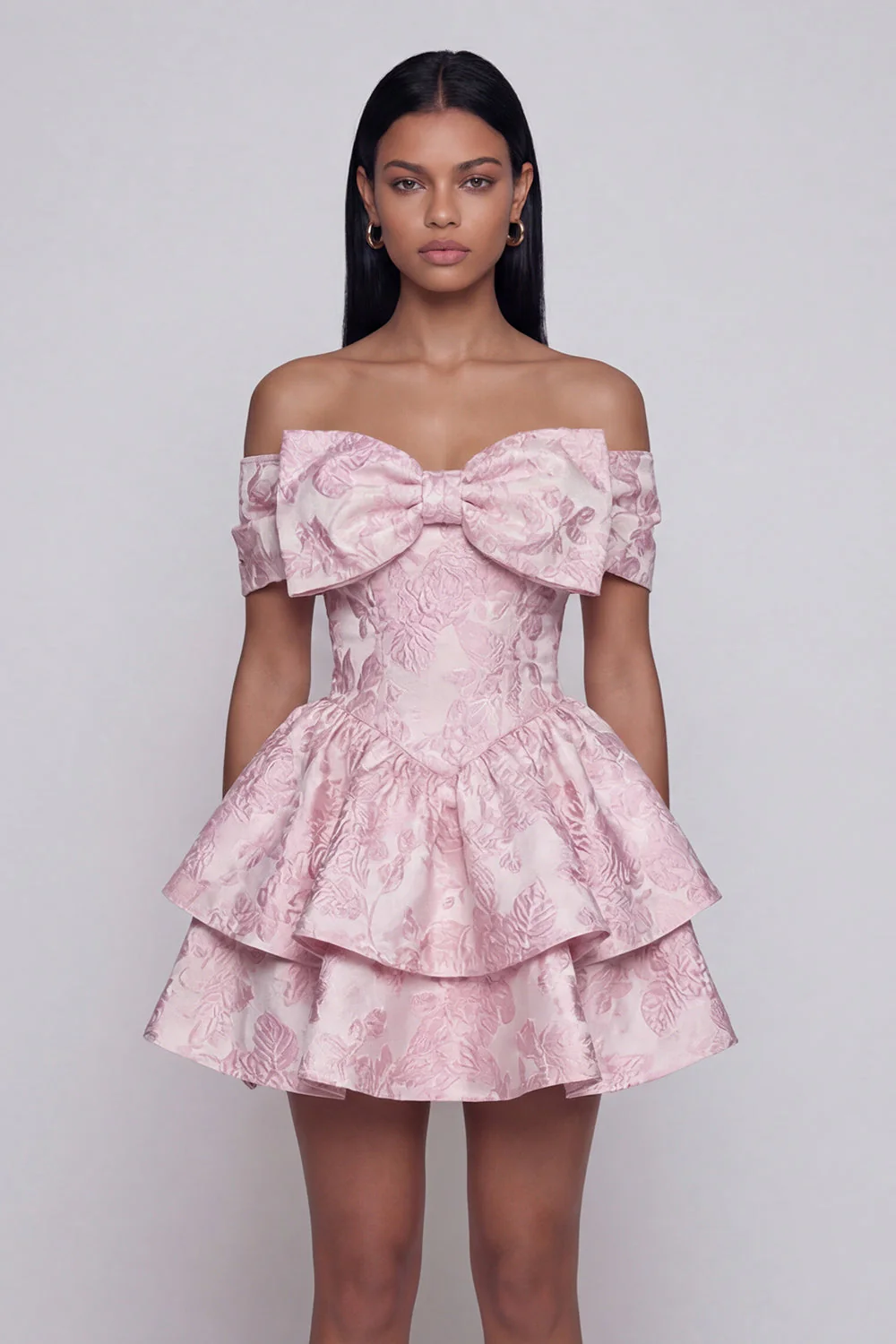 Off the Shoulder Pink Jacquard A-Line Ruffled Mini Floral Dress With Bow - Image 3