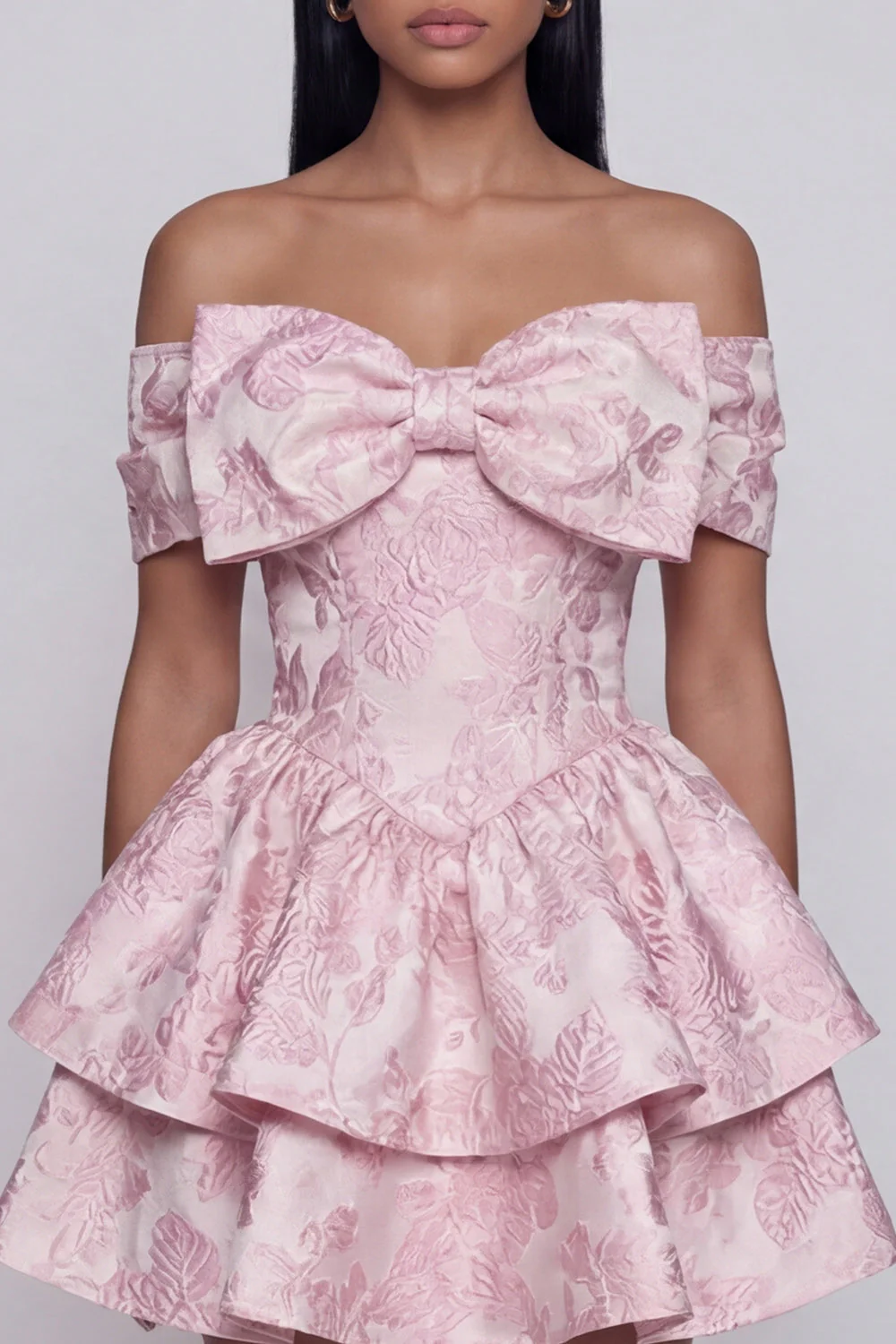 Off the Shoulder Pink Jacquard A-Line Ruffled Mini Floral Dress With Bow - Image 4