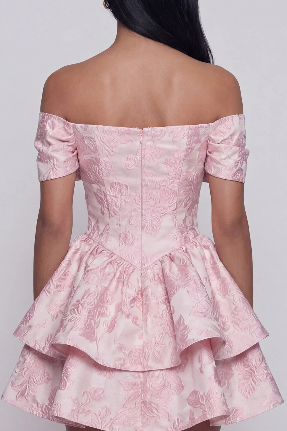 Off the Shoulder Pink Jacquard A-Line Ruffled Mini Floral Dress With Bow - Image 5