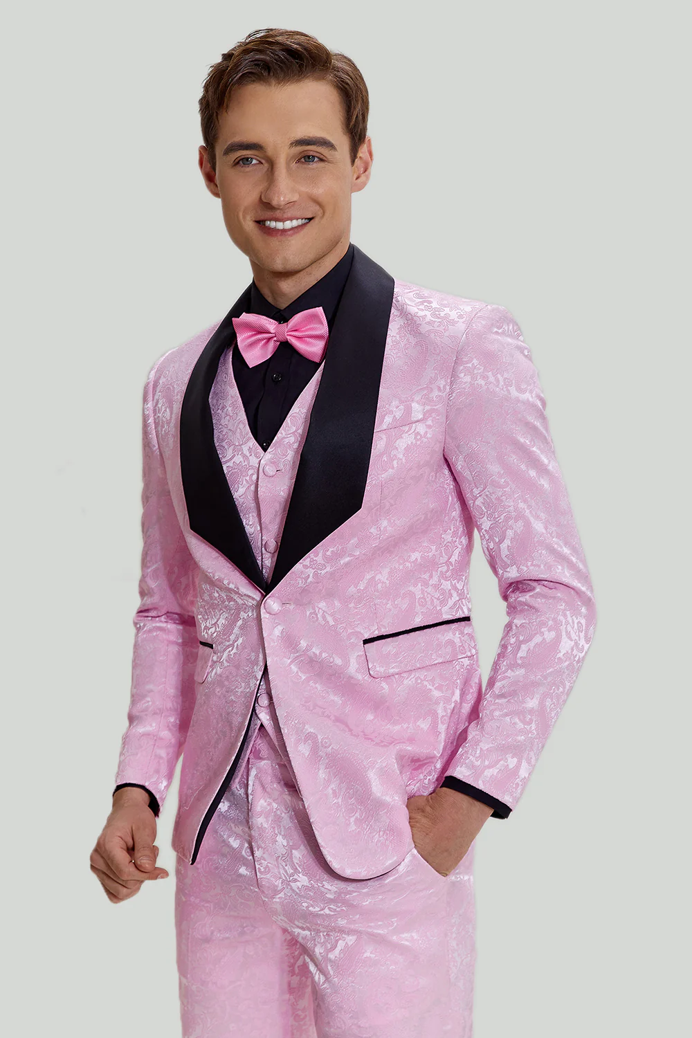 Pink Jacquard Satin Shawl Lapel 3 Piece Men's Prom Suits - Image 3