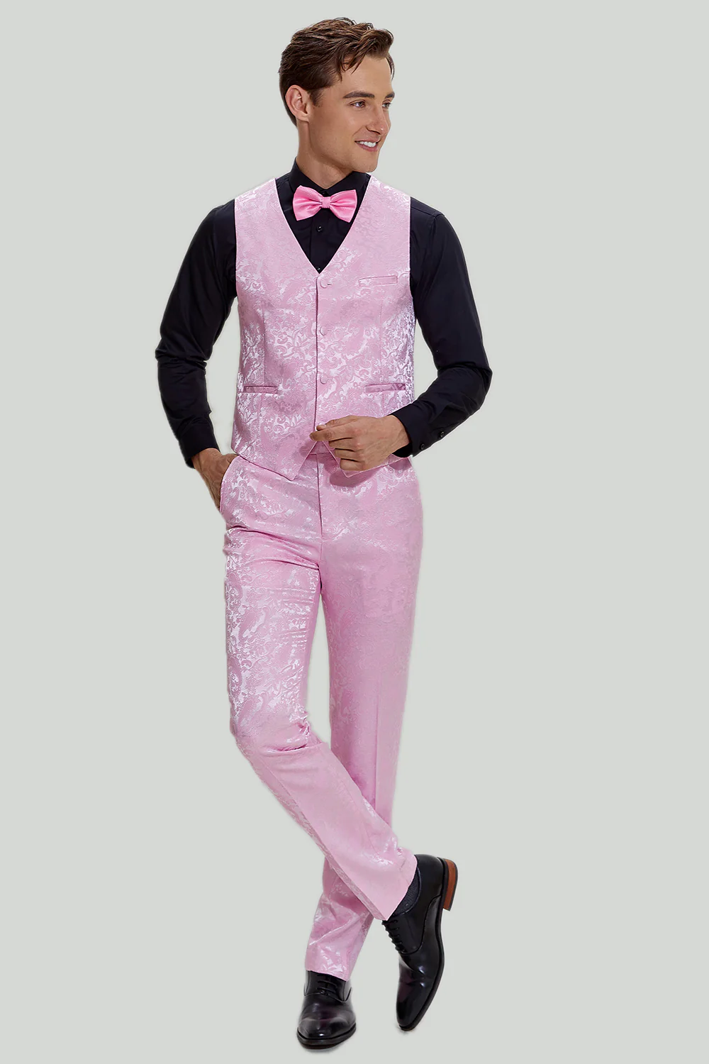 Pink Jacquard Satin Shawl Lapel 3 Piece Men's Prom Suits - Image 4