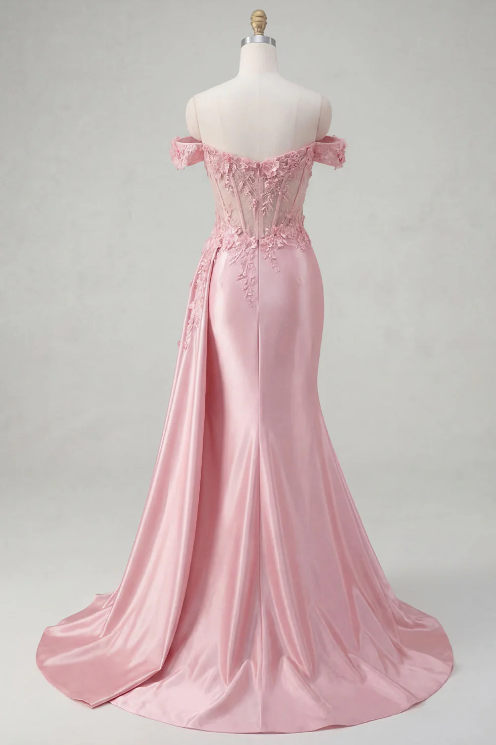 Pink Mermaid Sheer Corset Off The Shoulder Long Prom Dress with Slit - Image 4