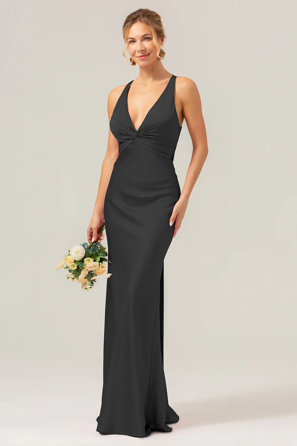 Pink Mermaid V Neck Ruched Satin Long Bridesmaid Dress with Lace Up Back - Image 10