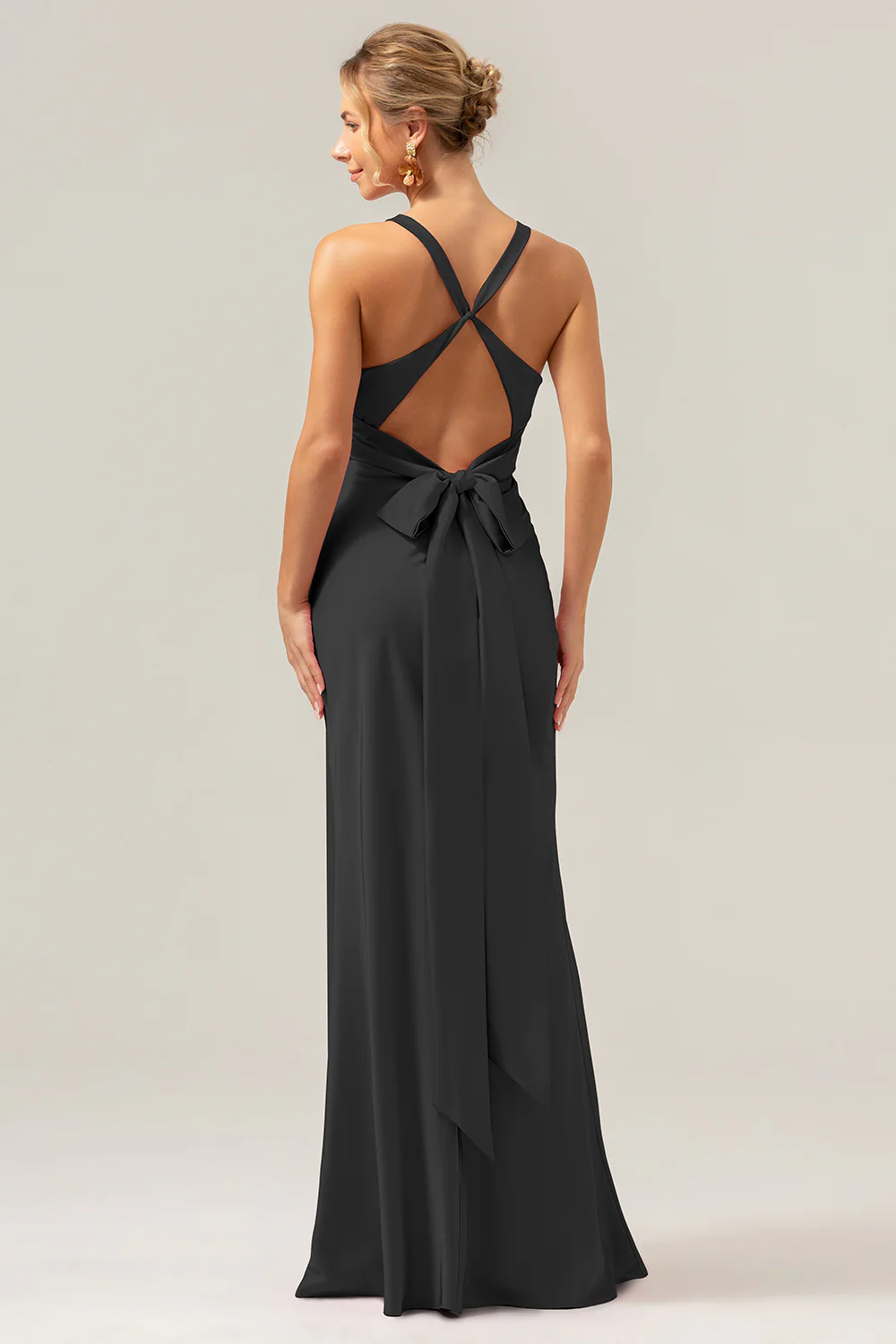 Pink Mermaid V Neck Ruched Satin Long Bridesmaid Dress with Lace Up Back - Image 11