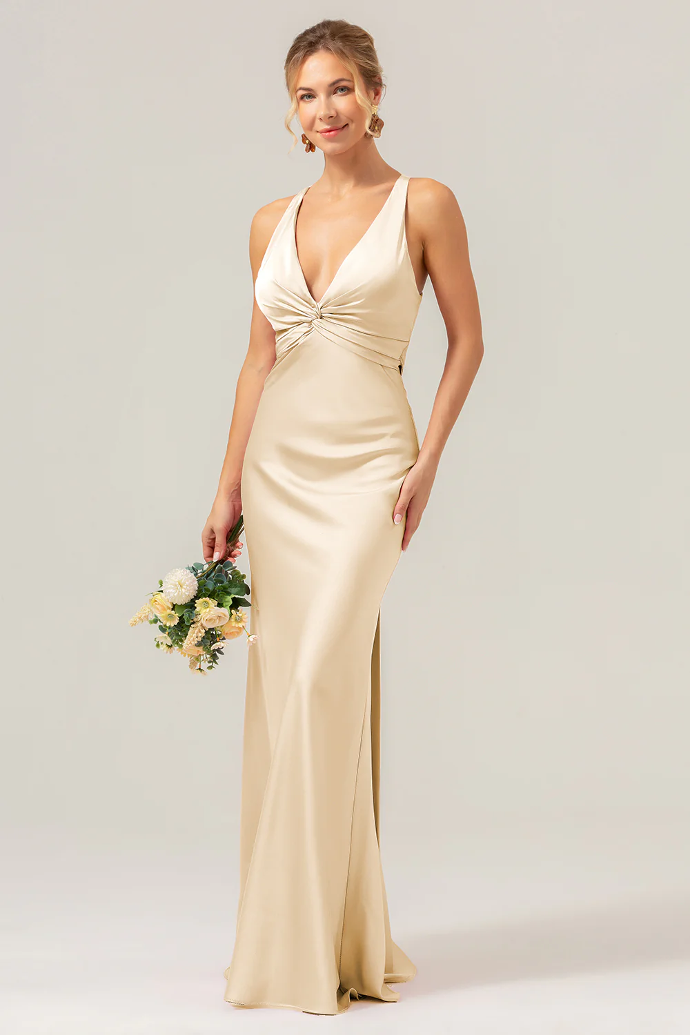 Pink Mermaid V Neck Ruched Satin Long Bridesmaid Dress with Lace Up Back - Image 12