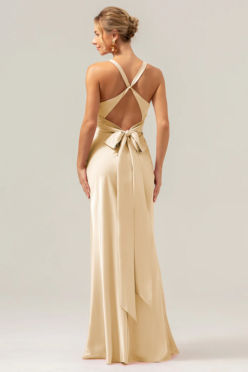 Pink Mermaid V Neck Ruched Satin Long Bridesmaid Dress with Lace Up Back - Image 13