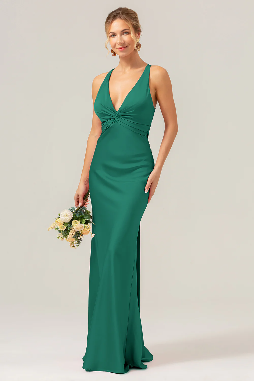 Pink Mermaid V Neck Ruched Satin Long Bridesmaid Dress with Lace Up Back - Image 14