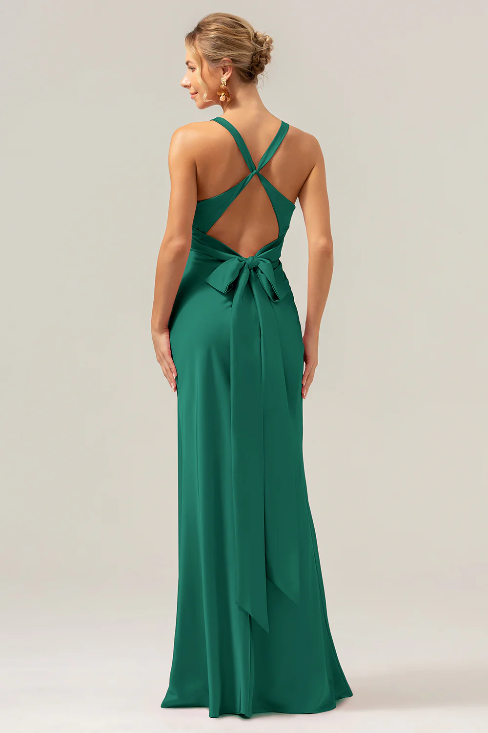 Pink Mermaid V Neck Ruched Satin Long Bridesmaid Dress with Lace Up Back - Image 15
