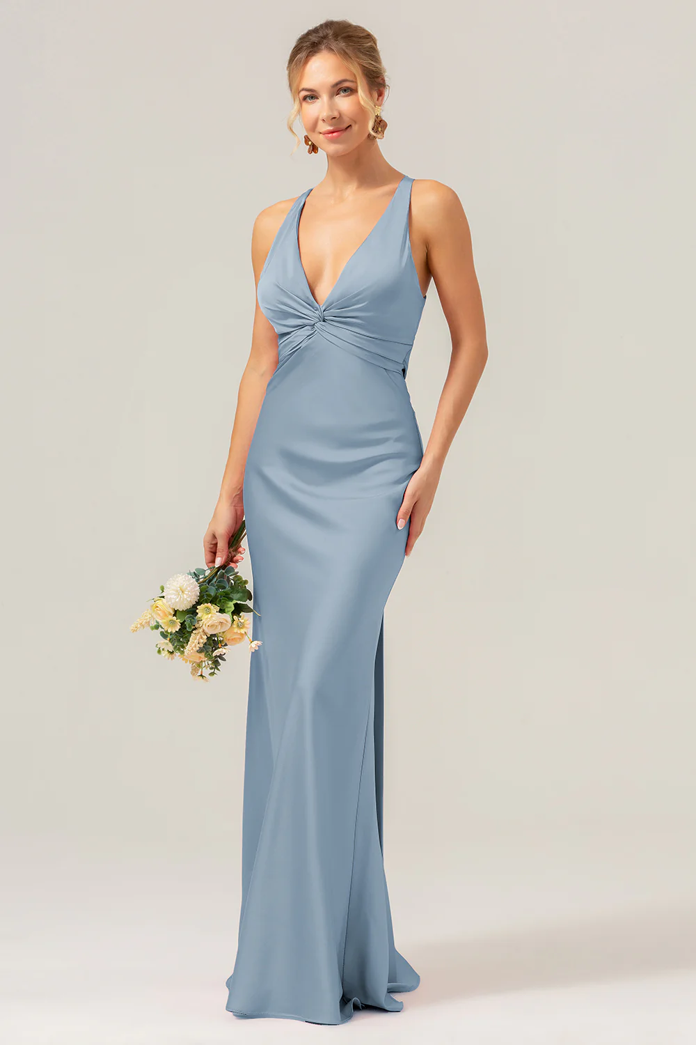 Pink Mermaid V Neck Ruched Satin Long Bridesmaid Dress with Lace Up Back - Image 16