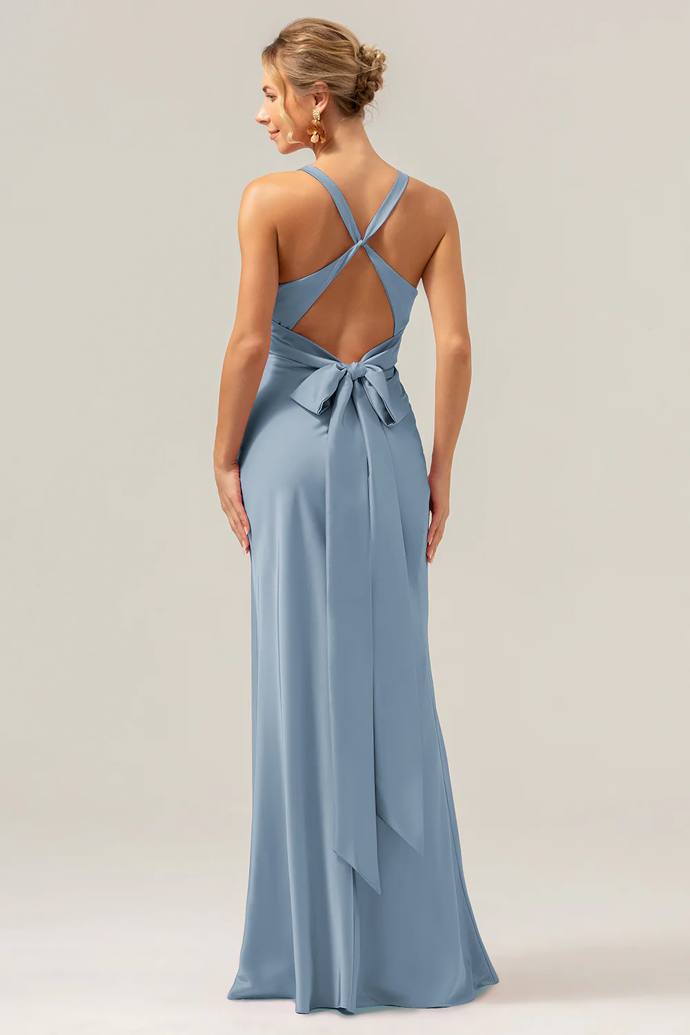 Pink Mermaid V Neck Ruched Satin Long Bridesmaid Dress with Lace Up Back - Image 17