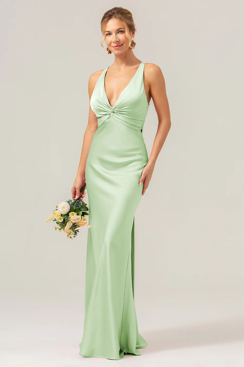 Pink Mermaid V Neck Ruched Satin Long Bridesmaid Dress with Lace Up Back - Image 18