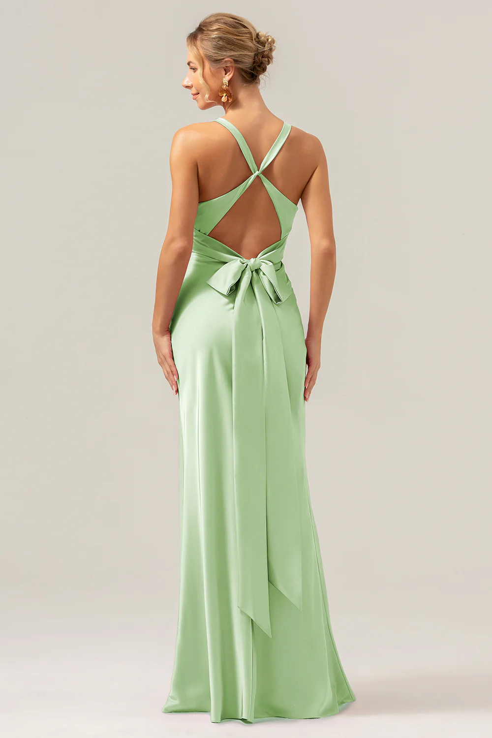 Pink Mermaid V Neck Ruched Satin Long Bridesmaid Dress with Lace Up Back - Image 19