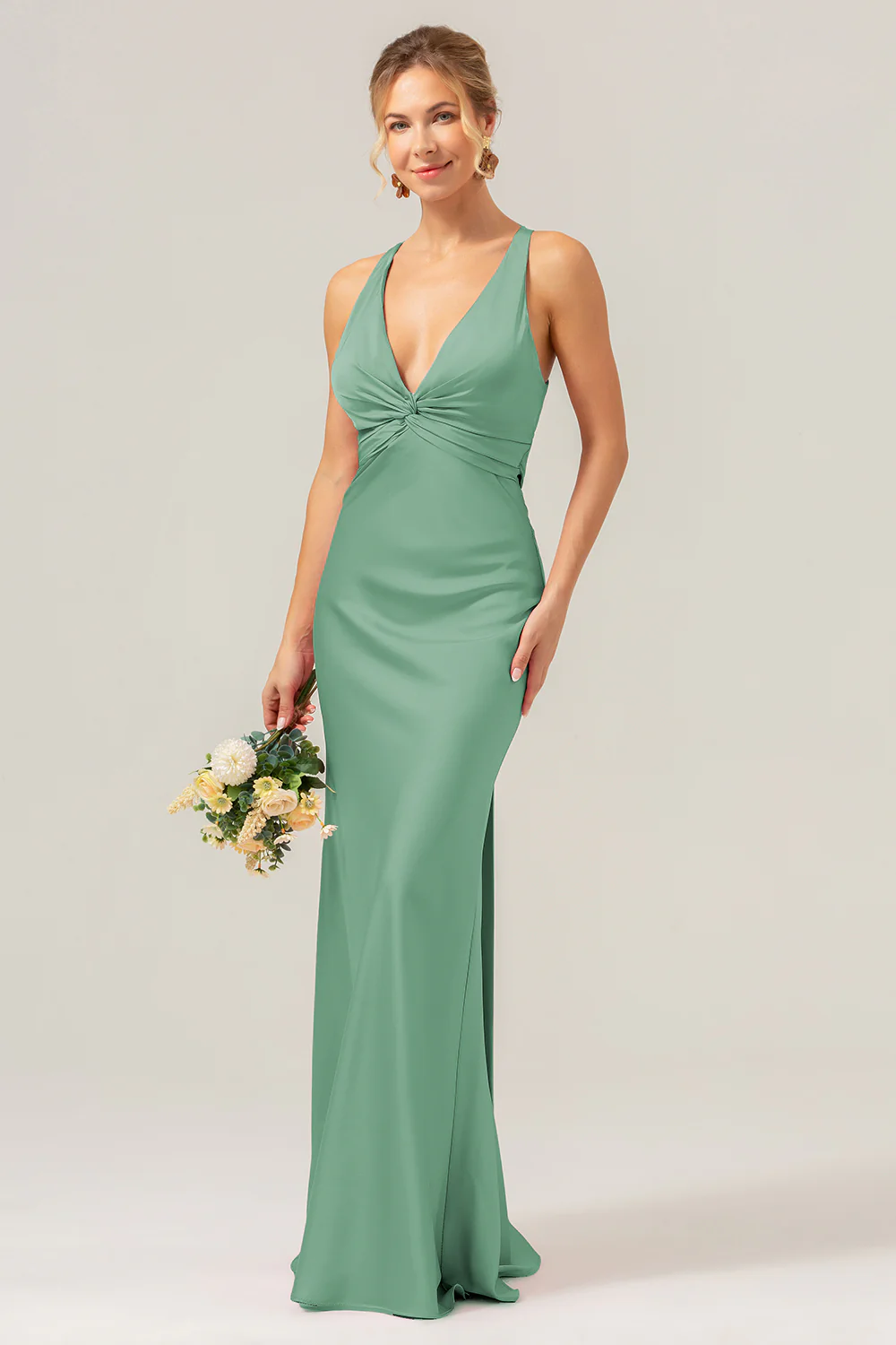 Pink Mermaid V Neck Ruched Satin Long Bridesmaid Dress with Lace Up Back - Image 20