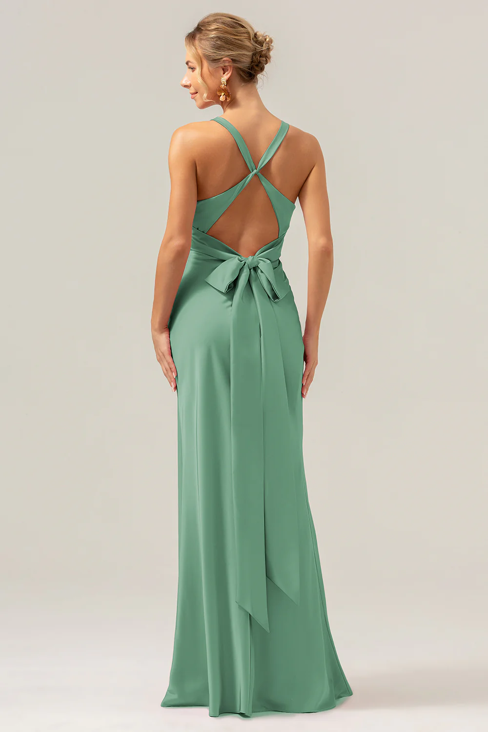 Pink Mermaid V Neck Ruched Satin Long Bridesmaid Dress with Lace Up Back - Image 21